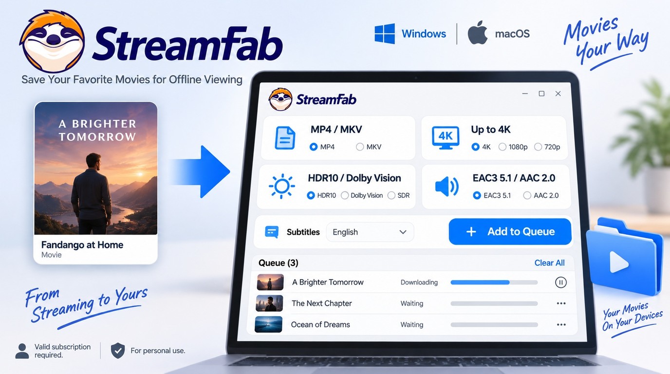 StreamFab settings for Fandango at Home MP4 or MKV downloads with 4K and batch queue
