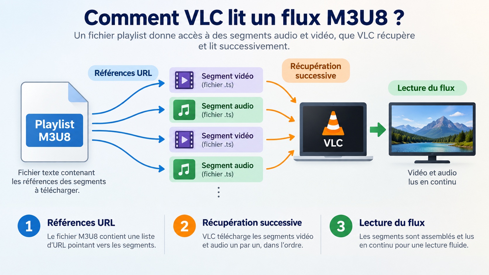 Une playlist M3U8 dirige VLC vers des segments HLS audio et vidéo accessibles.