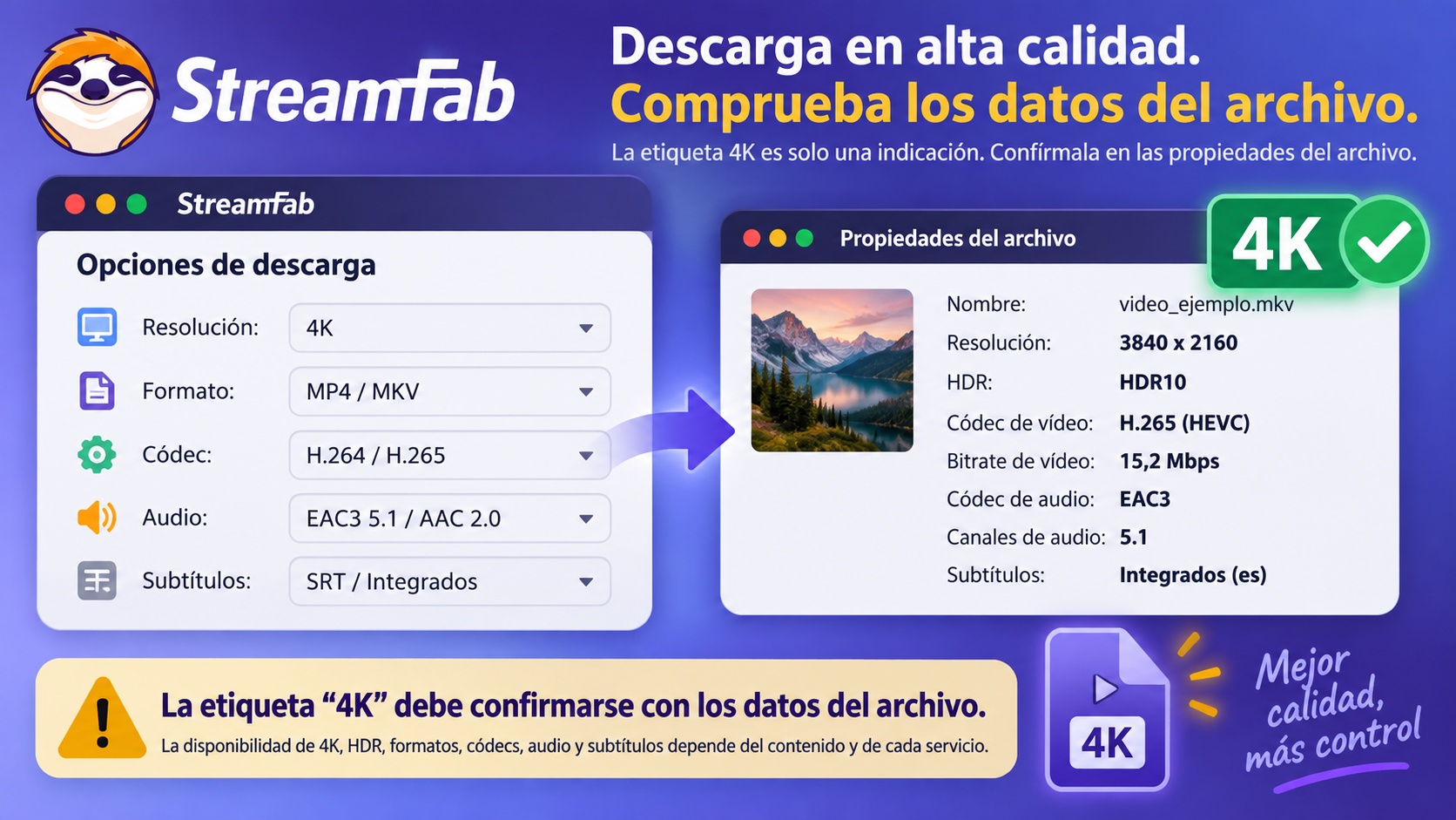 Ajustes de StreamFab y verificación de resolución, códec, HDR, audio y subtítulos