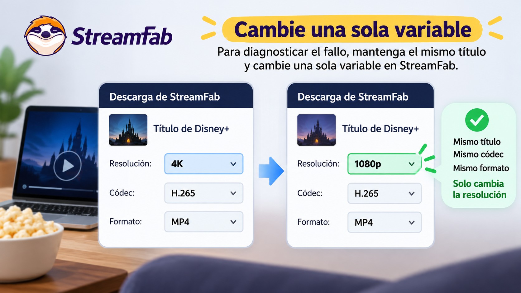 Controles de StreamFab para probar 4K o 1080p y MP4 o MKV cambiando un solo ajuste
