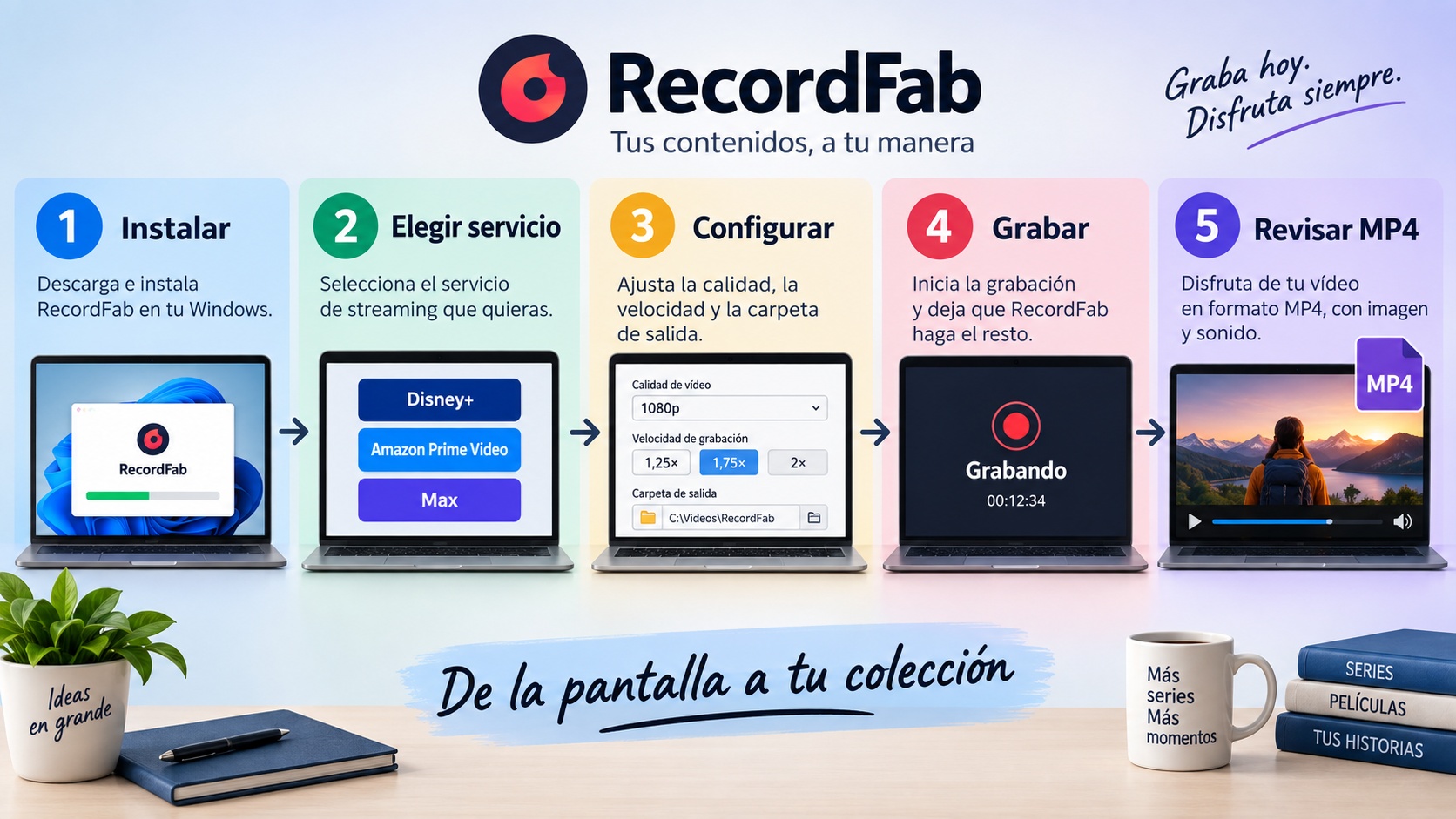 Cinco pasos para grabar con RecordFab y revisar el MP4 en Windows
