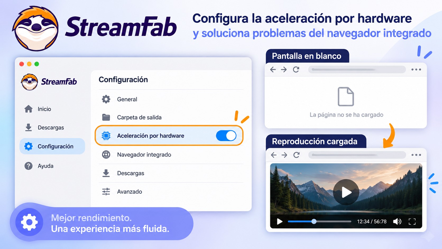 Ajuste de aceleración por hardware y navegador integrado de StreamFab