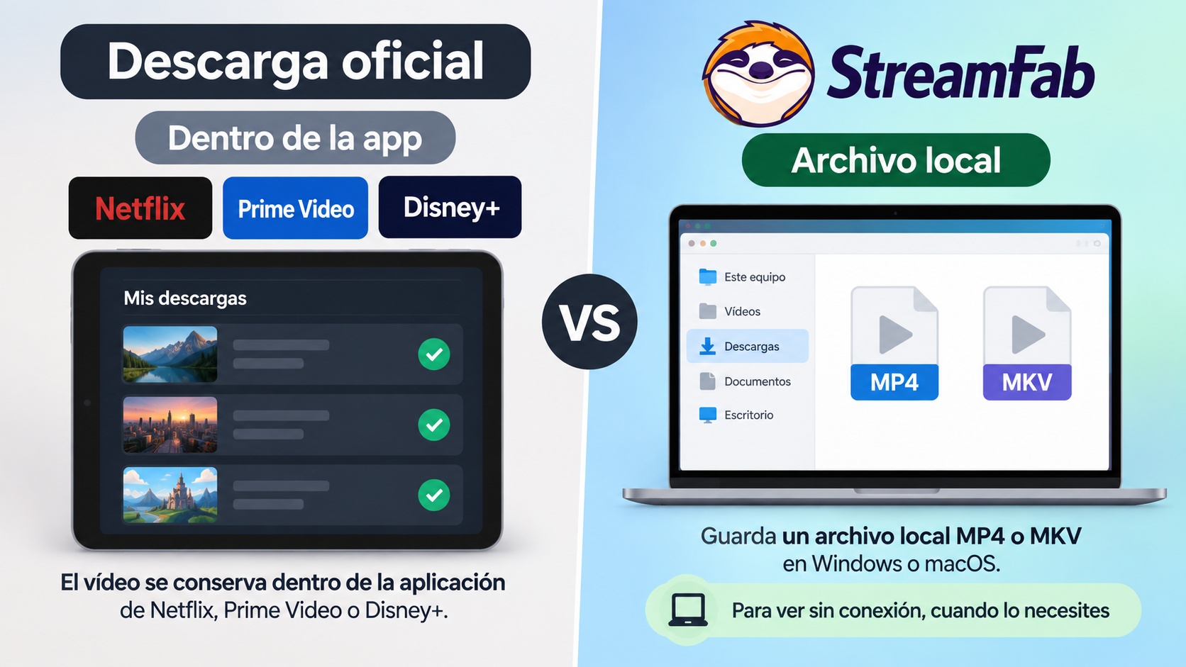 Descarga oficial dentro de la app frente a archivos MP4 o MKV guardados con StreamFab