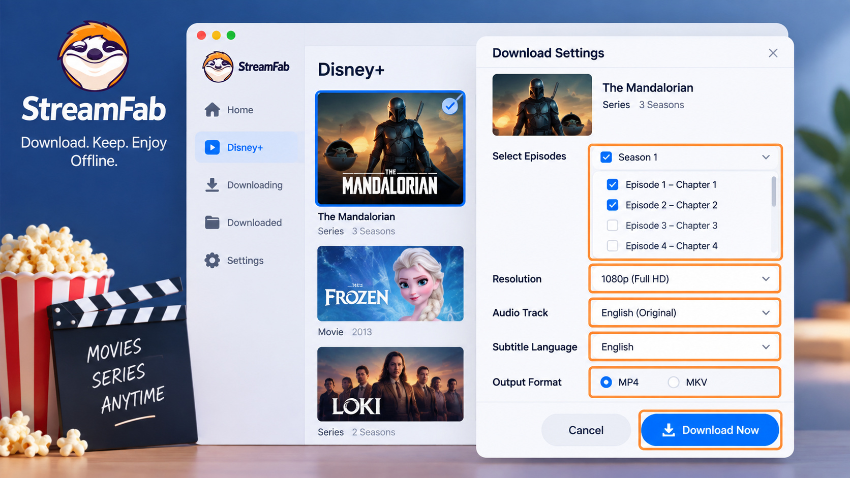 StreamFab Disney+ module with title, resolution, audio, subtitle, and download controls