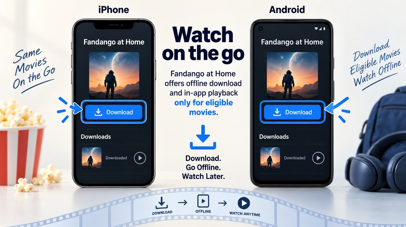 Fandango at Home Download button and offline library on iPhone and Android