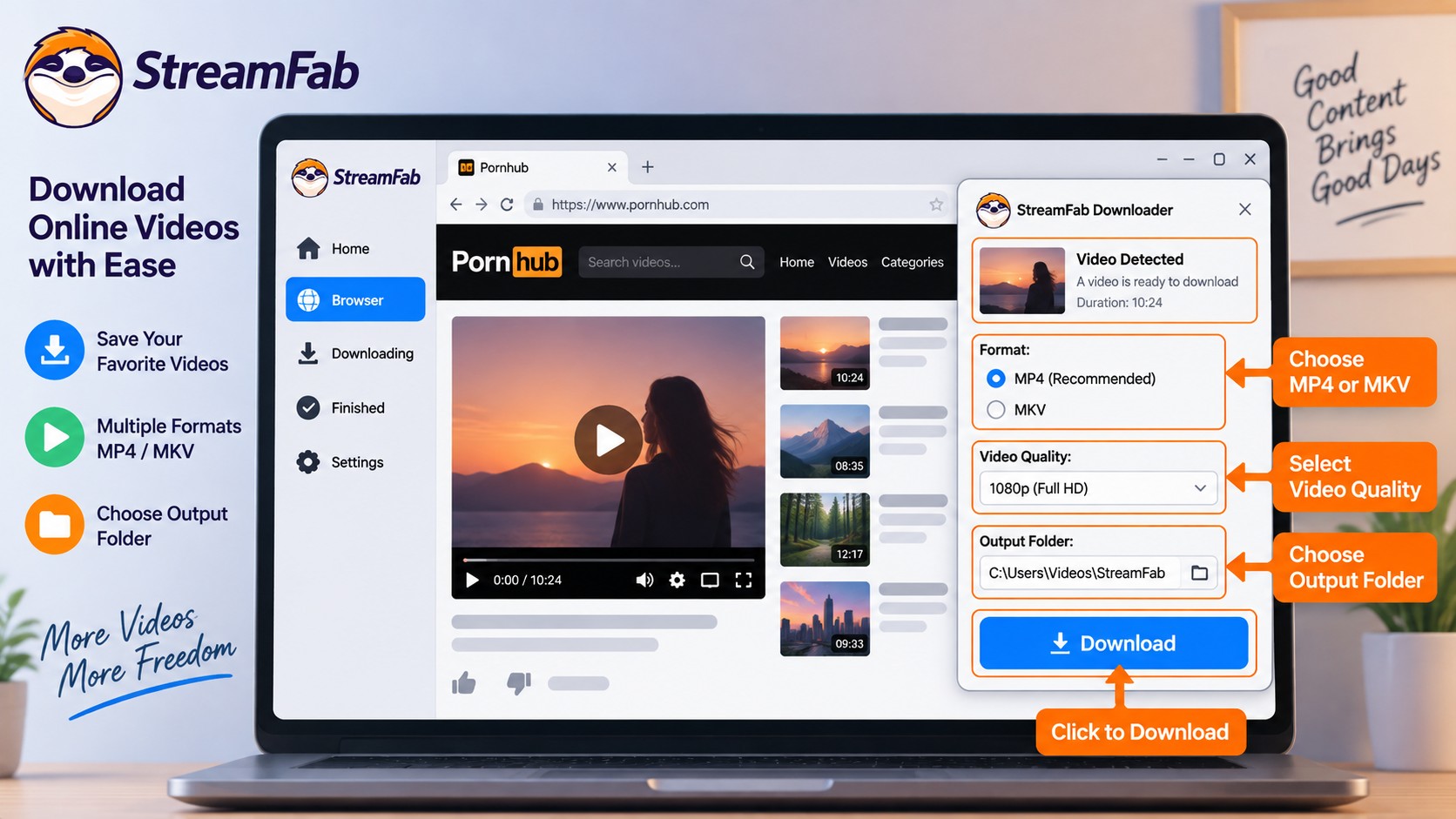 StreamFab detecting a Pornhub video with MP4 and MKV output options