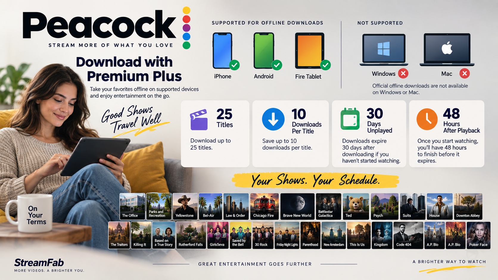 Peacock official downloads: mobile only, 25 titles, 30 days, then 48 hours after play.