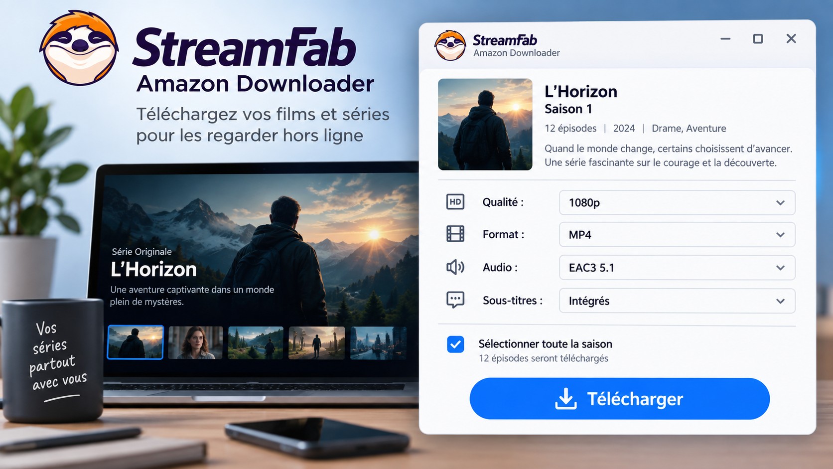 Réglages StreamFab pour 1080p, MP4 ou MKV, EAC3 5.1, sous-titres et épisodes.