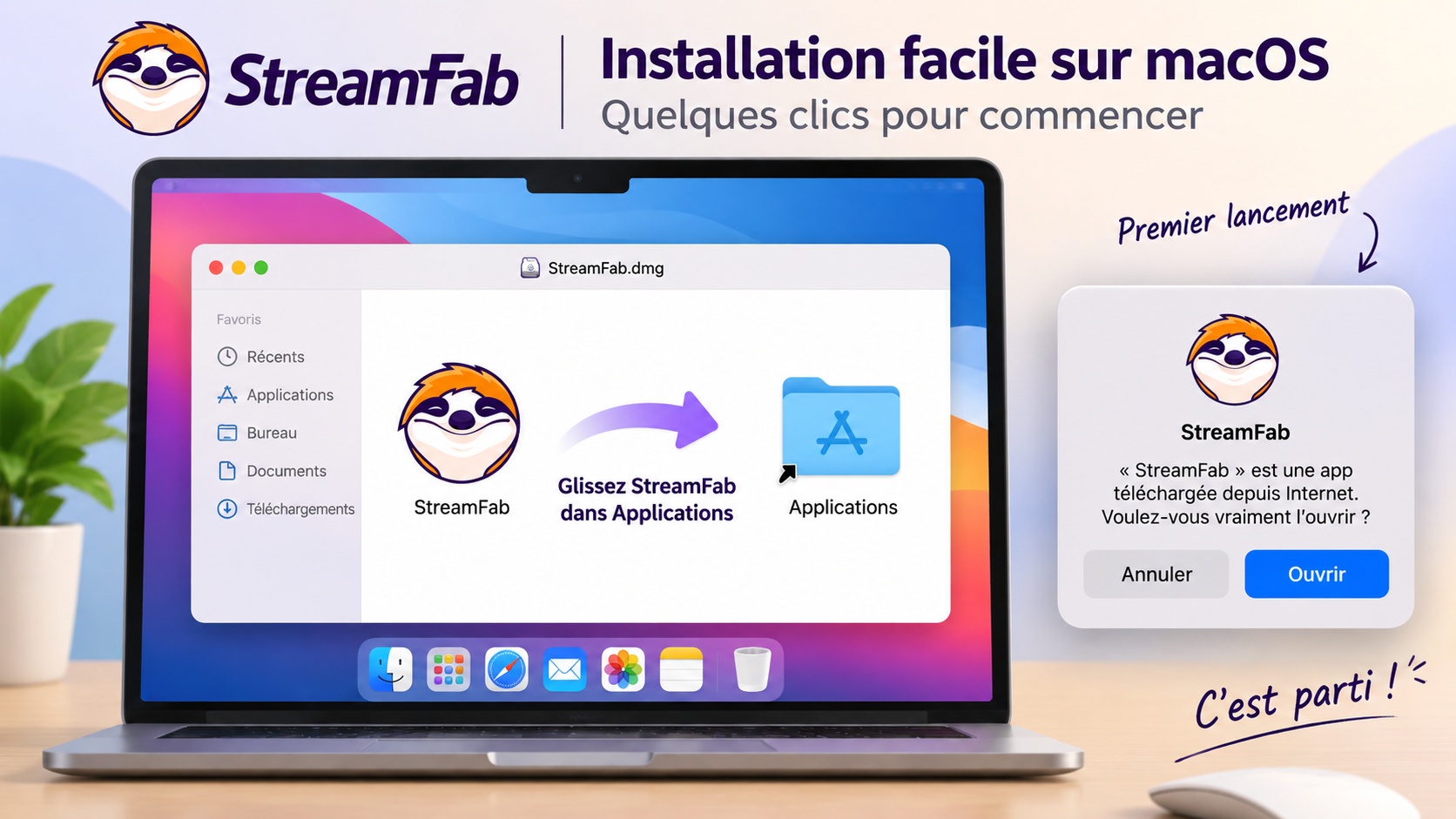 Installation de StreamFab sur macOS par glisser-déposer dans Applications.