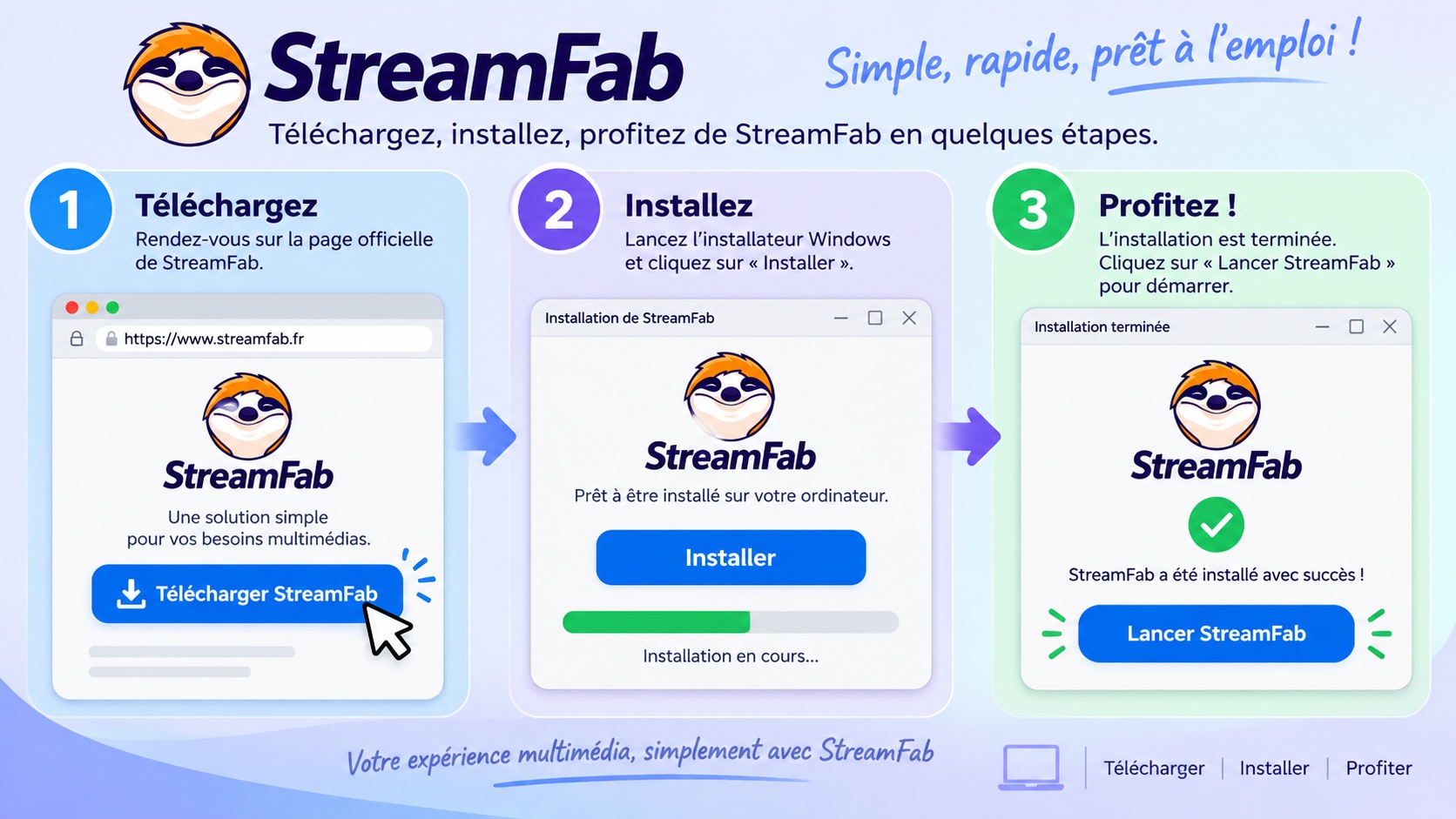 Installation en ligne de StreamFab sur Windows, du téléchargement au premier lancement.
