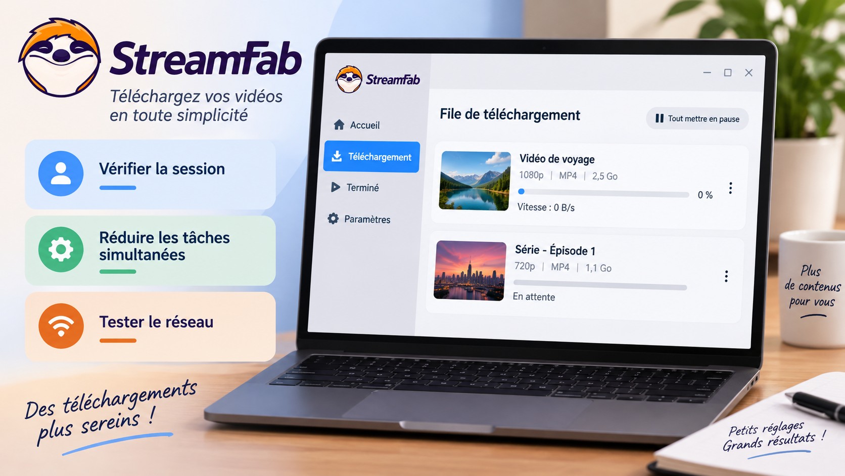 File StreamFab bloquée à 0 B/s avec contrôles de session, de tâches et de réseau