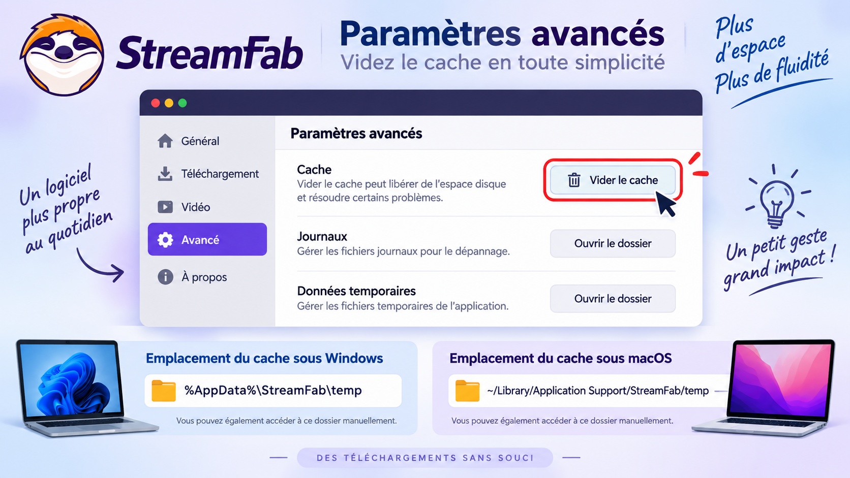 Paramètres StreamFab pour vider le cache et dossiers temporaires sous Windows et macOS.