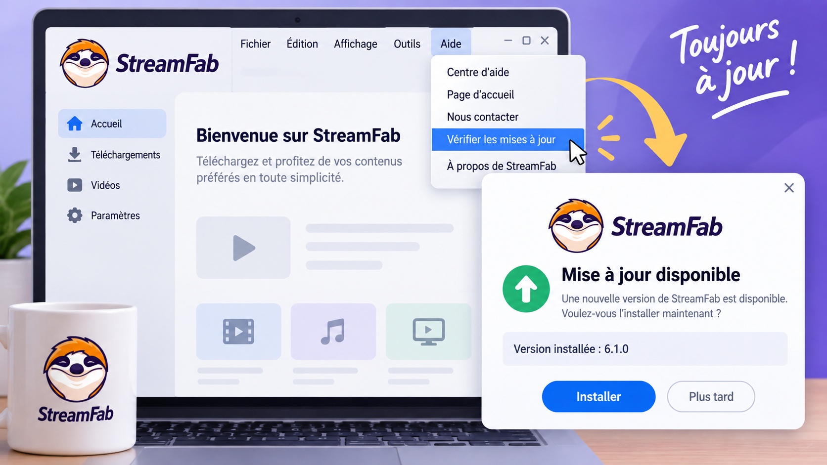 Mise à jour de StreamFab depuis le menu Aide, puis vérification de la version installée.