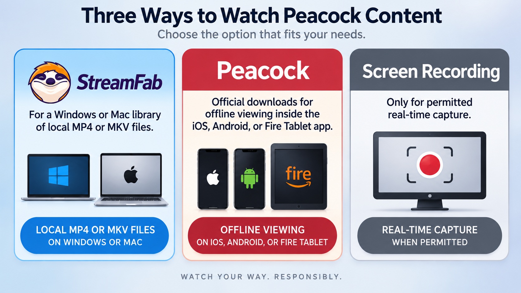 StreamFab for desktop files, Peacock for mobile downloads, and permitted real-time recording.