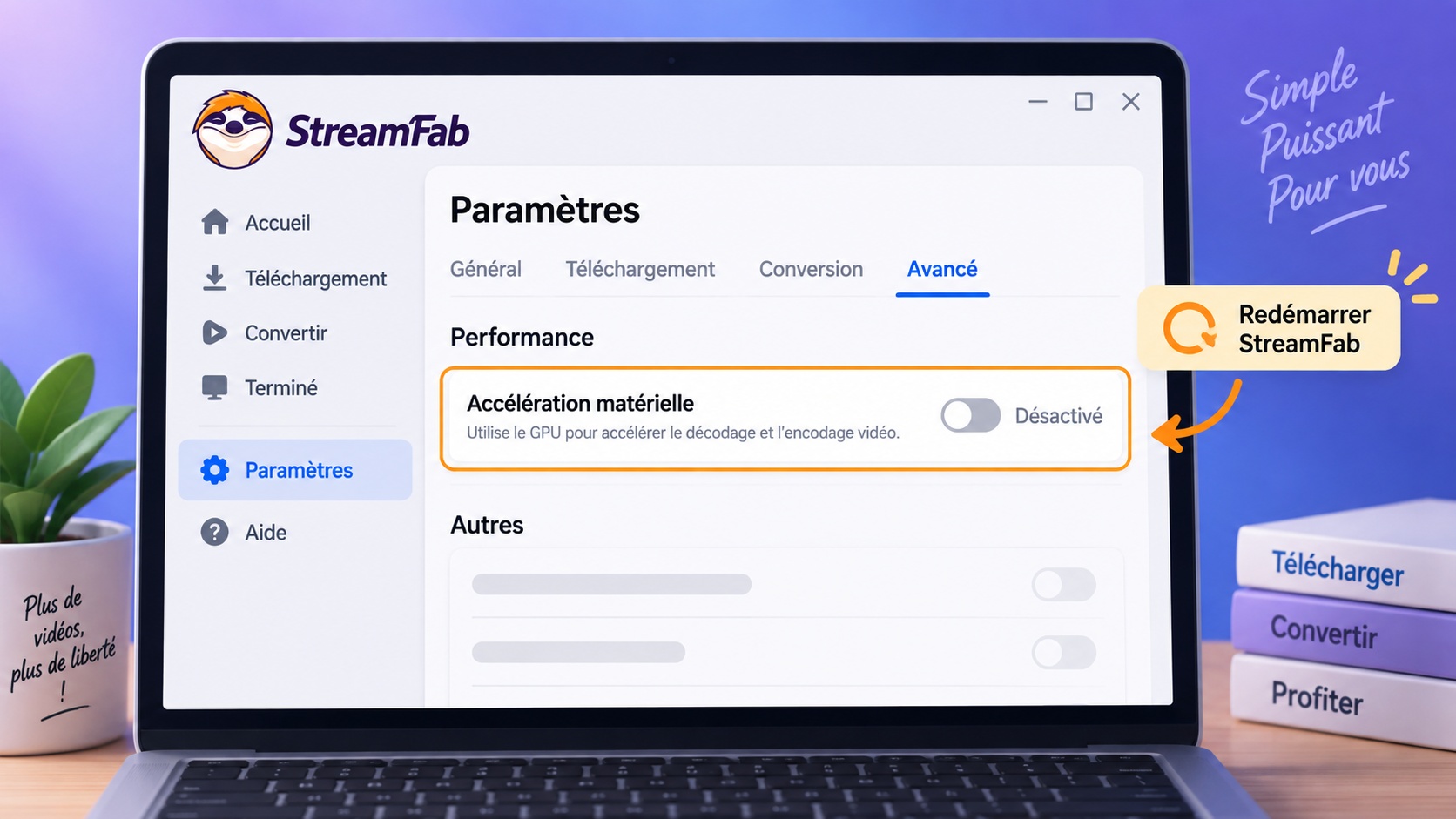 Option Accélération matérielle désactivée dans les paramètres avancés de StreamFab.