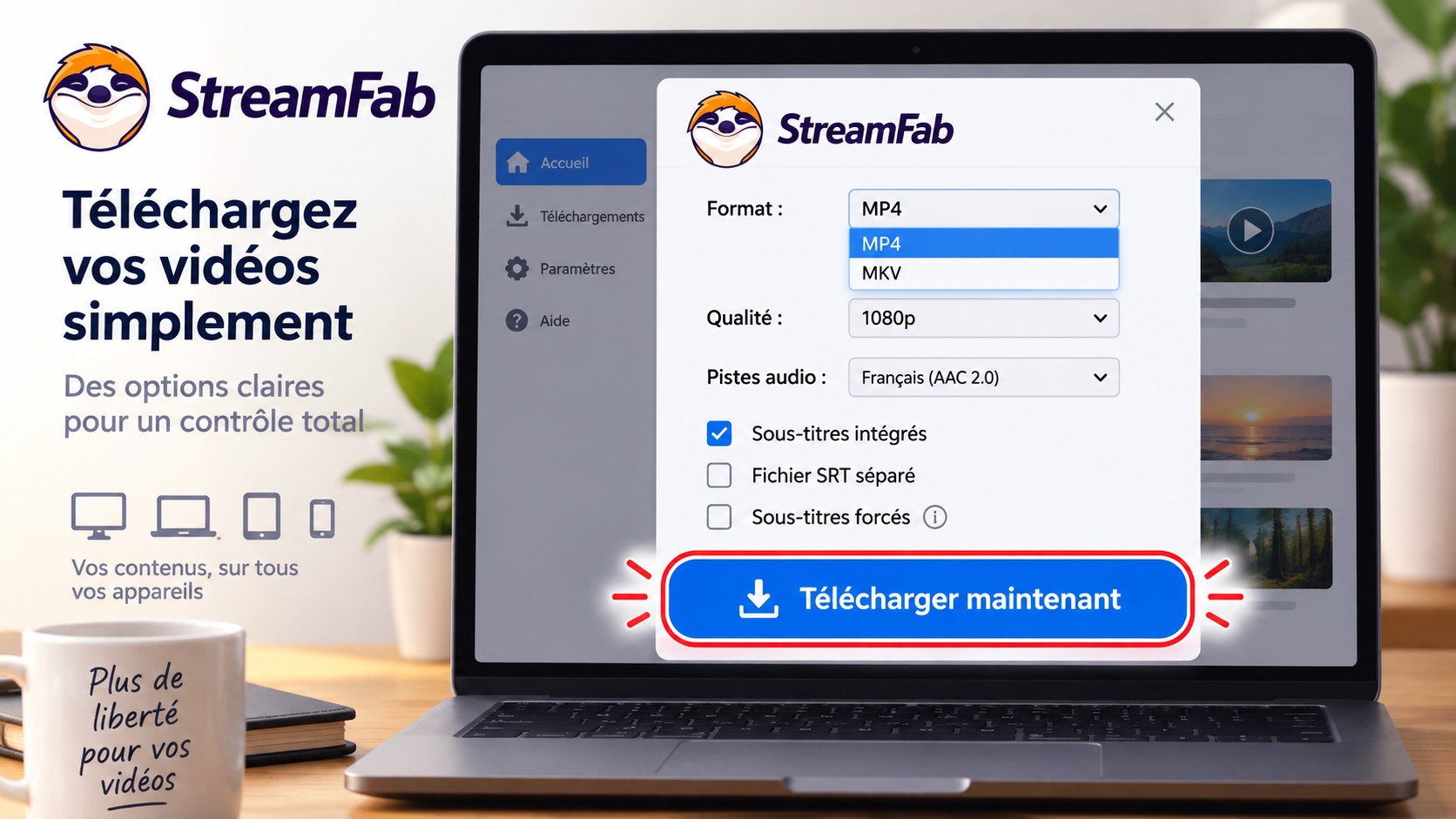 Réglages StreamFab pour MP4, MKV, 1080p, pistes audio et sous-titres SRT.