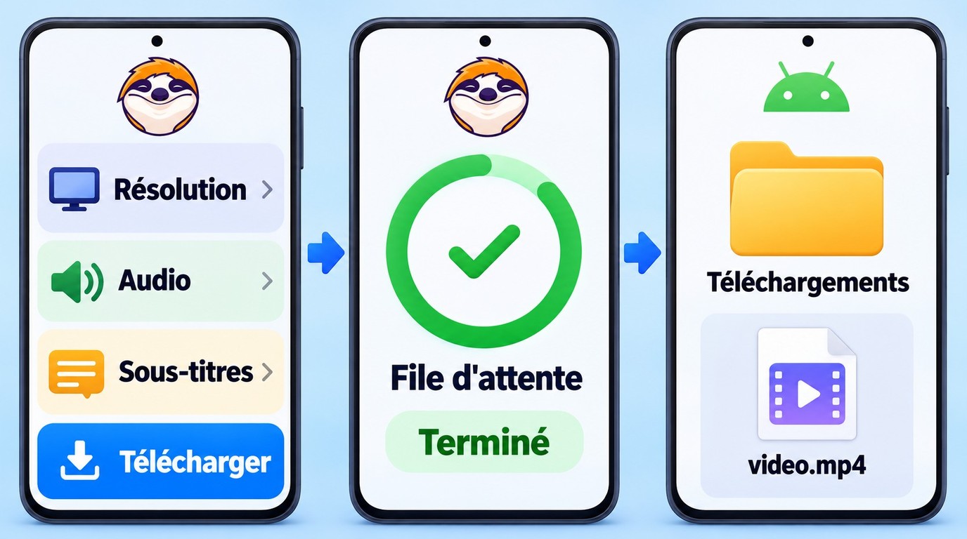 Réglages StreamFab, progression du téléchargement et récupération du MP4 sur Android