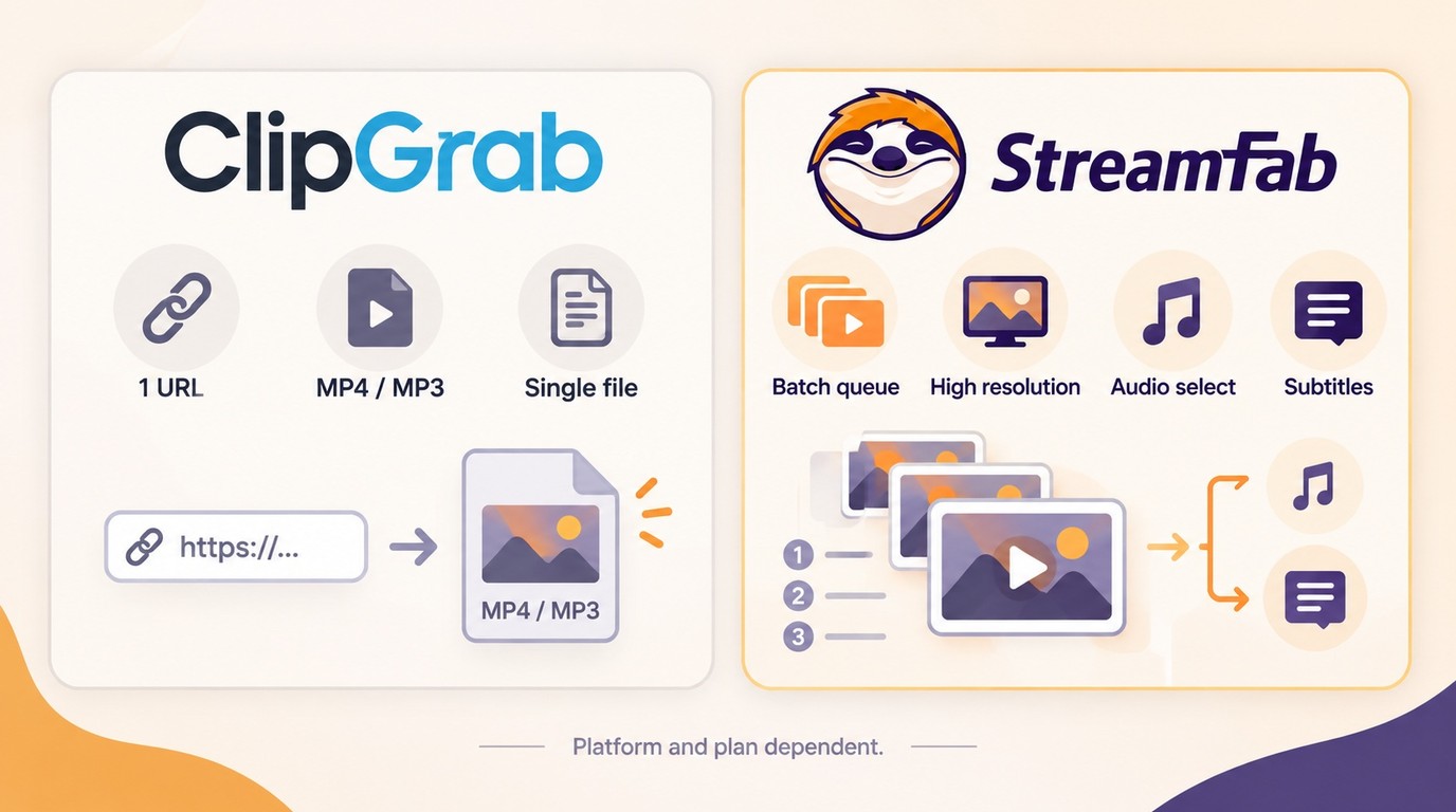 ClipGrab single-file workflow compared with StreamFab batch, quality, audio, and subtitle controls