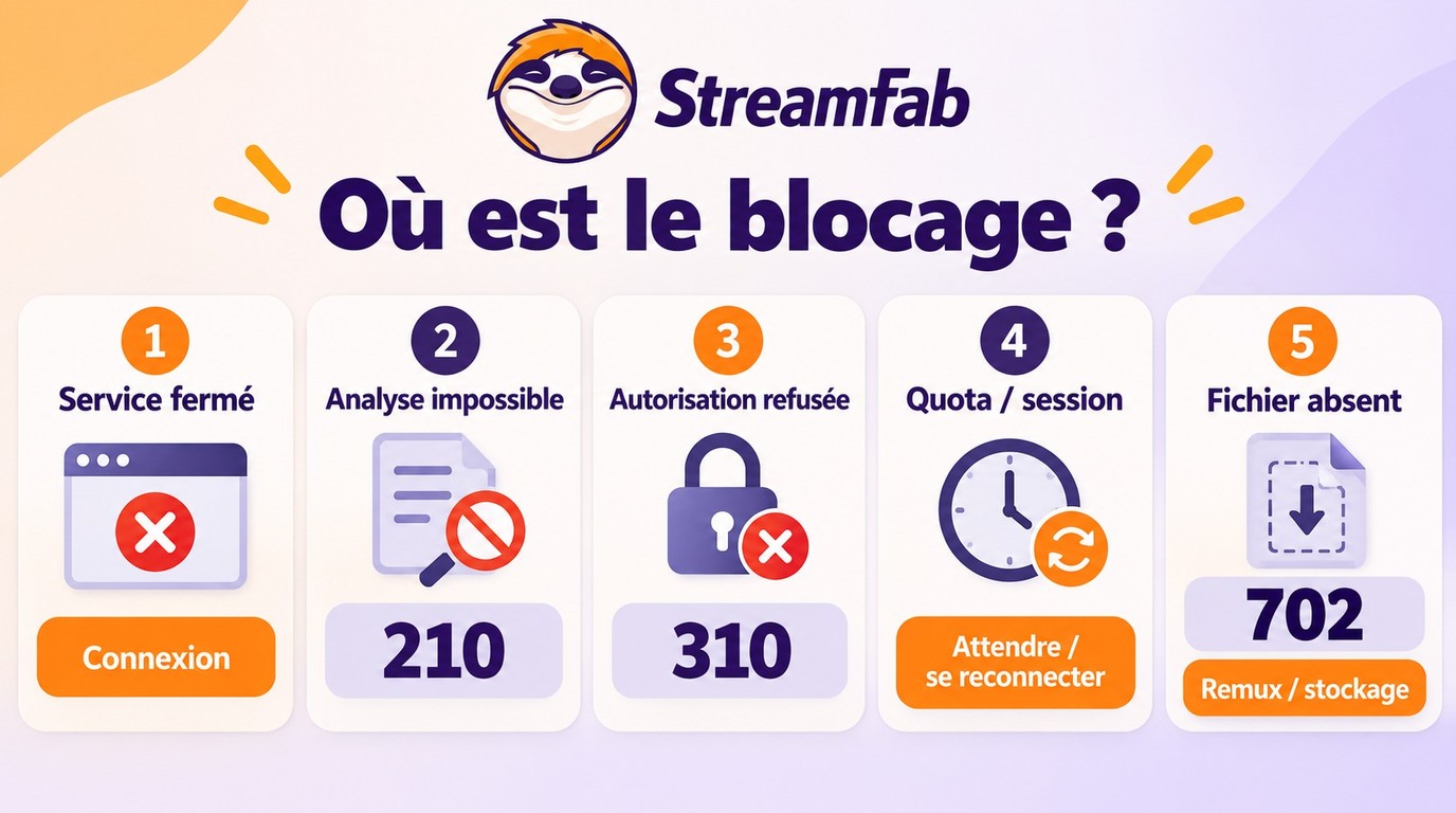 Choix du premier contrôle StreamFab selon le symptôme et les codes 210, 310 ou 702.