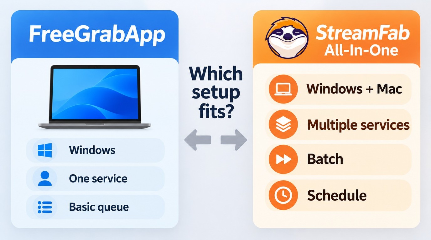 FreeGrabApp suits one Windows service; StreamFab All-In-One suits multi-service and Mac libraries