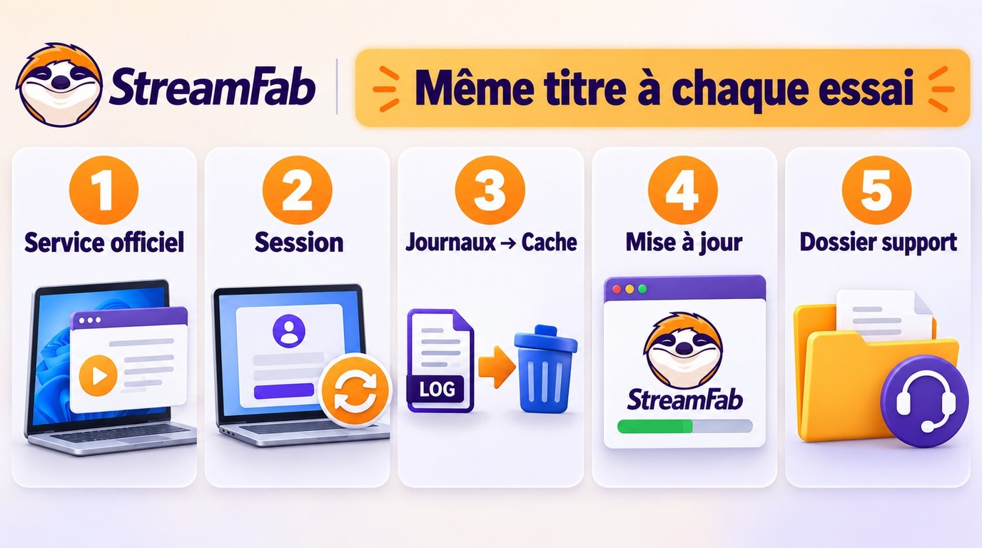 Ordre des cinq vérifications StreamFab, avec sauvegarde des journaux avant le cache.