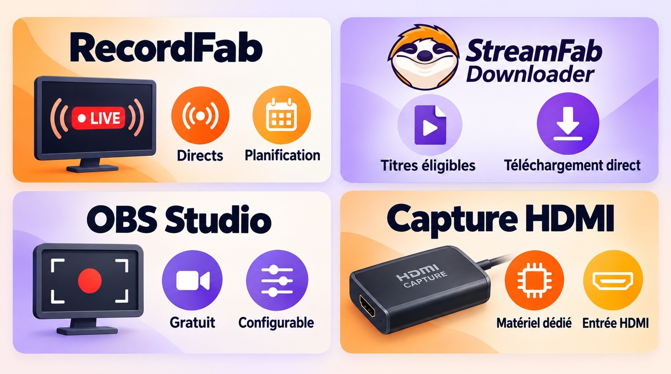 Choix entre RecordFab, StreamFab Downloader, OBS Studio et Capture HDMI selon le besoin