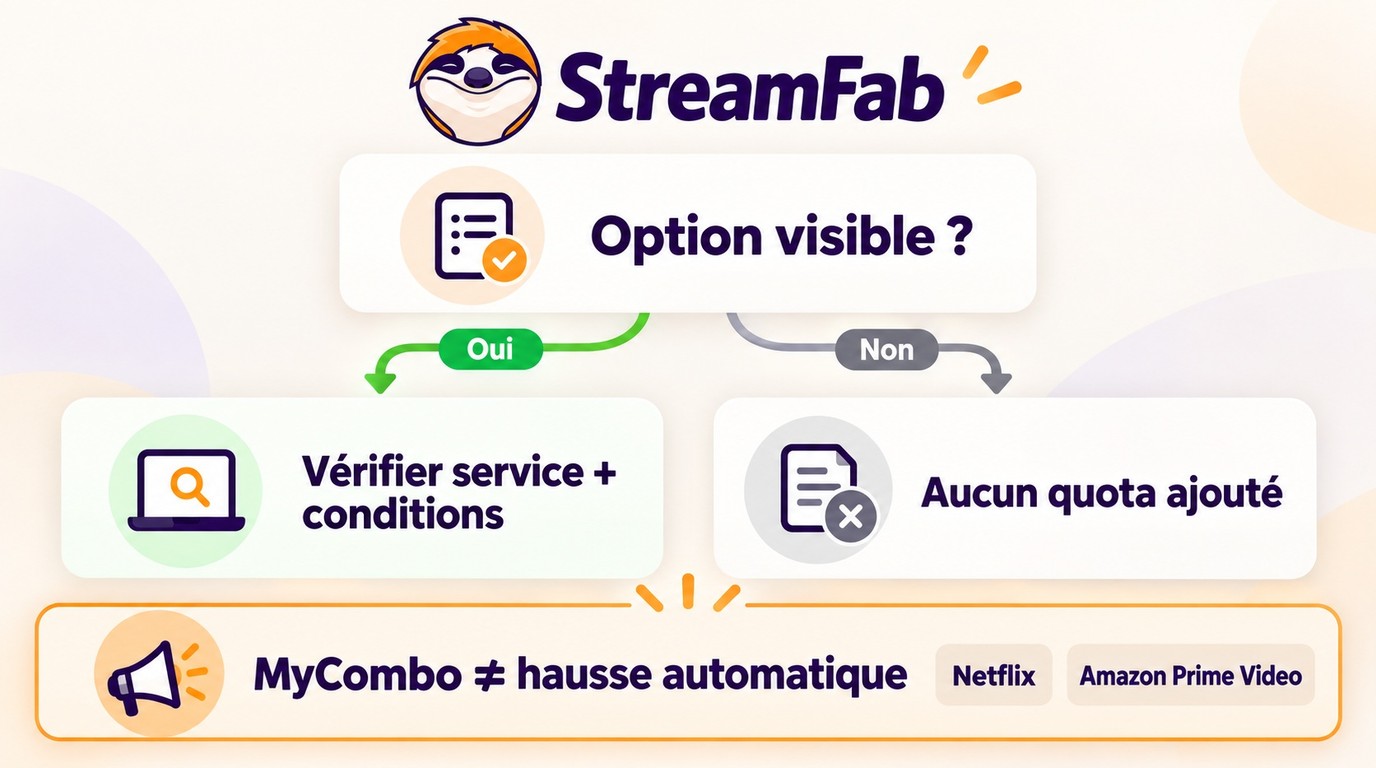 Choix du quota StreamFab selon la licence, l'option disponible et le service VIP concerné.