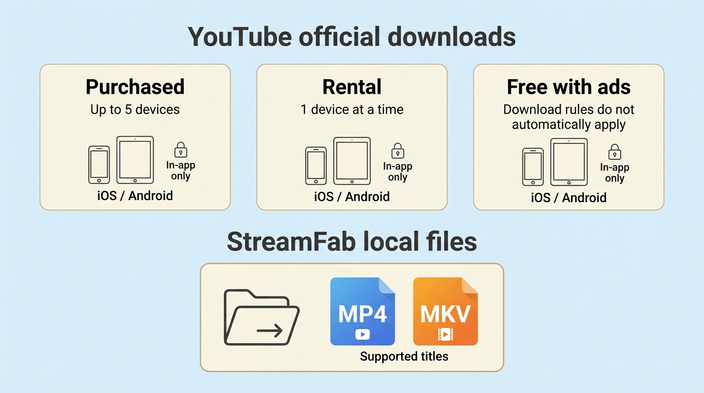 YouTube offline rules for purchases, rentals, and local MP4 or MKV files.