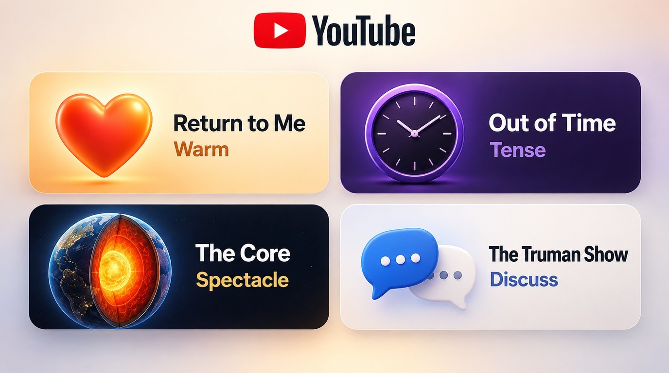 Mood guide to YouTube picks including Return to Me, Out of Time, and The Core.