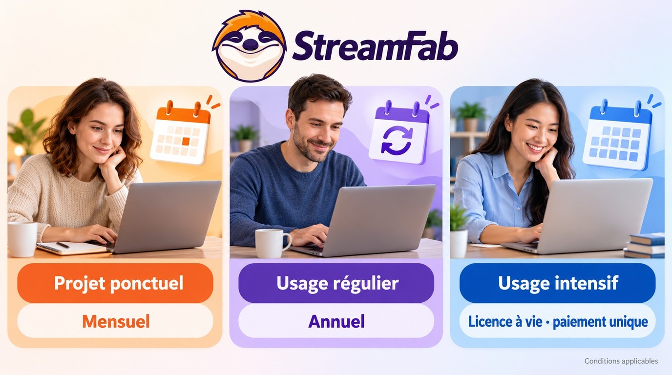 Choix StreamFab entre Mensuel, Annuel et Licence à vie selon la durée d'utilisation
