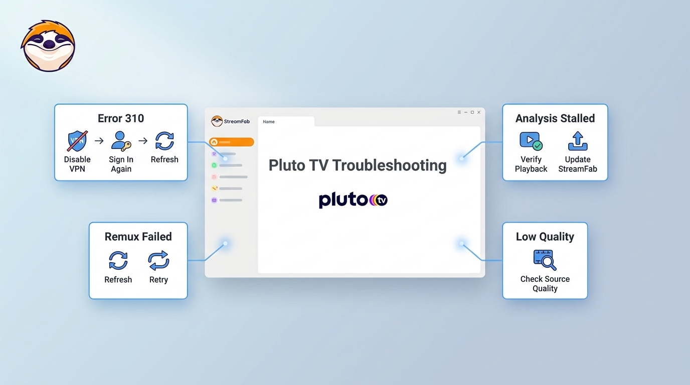 Pluto TV fixes for Error 310, stalled analysis, remux failure, and low quality