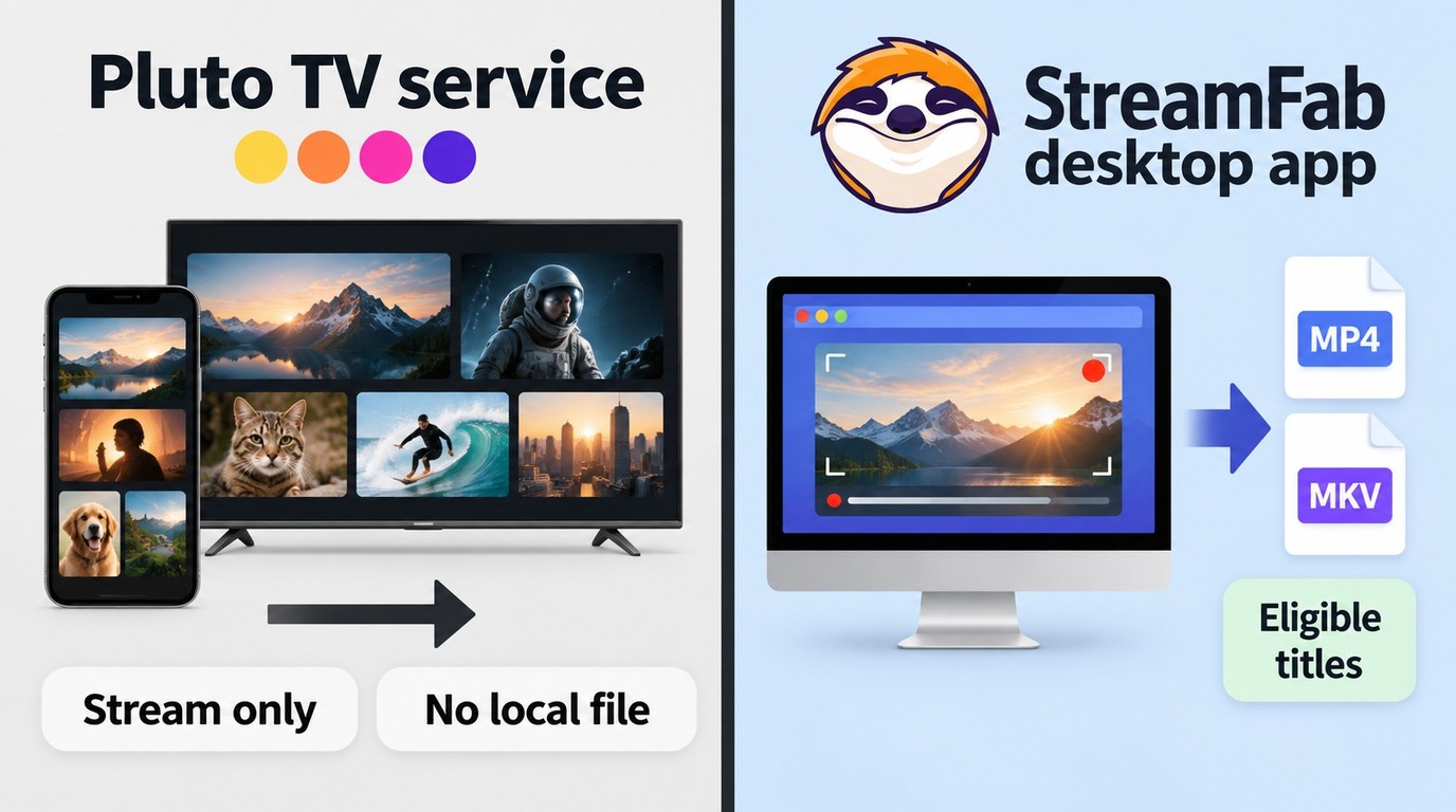Pluto TV streams content, while StreamFab saves eligible titles as MP4 or MKV files