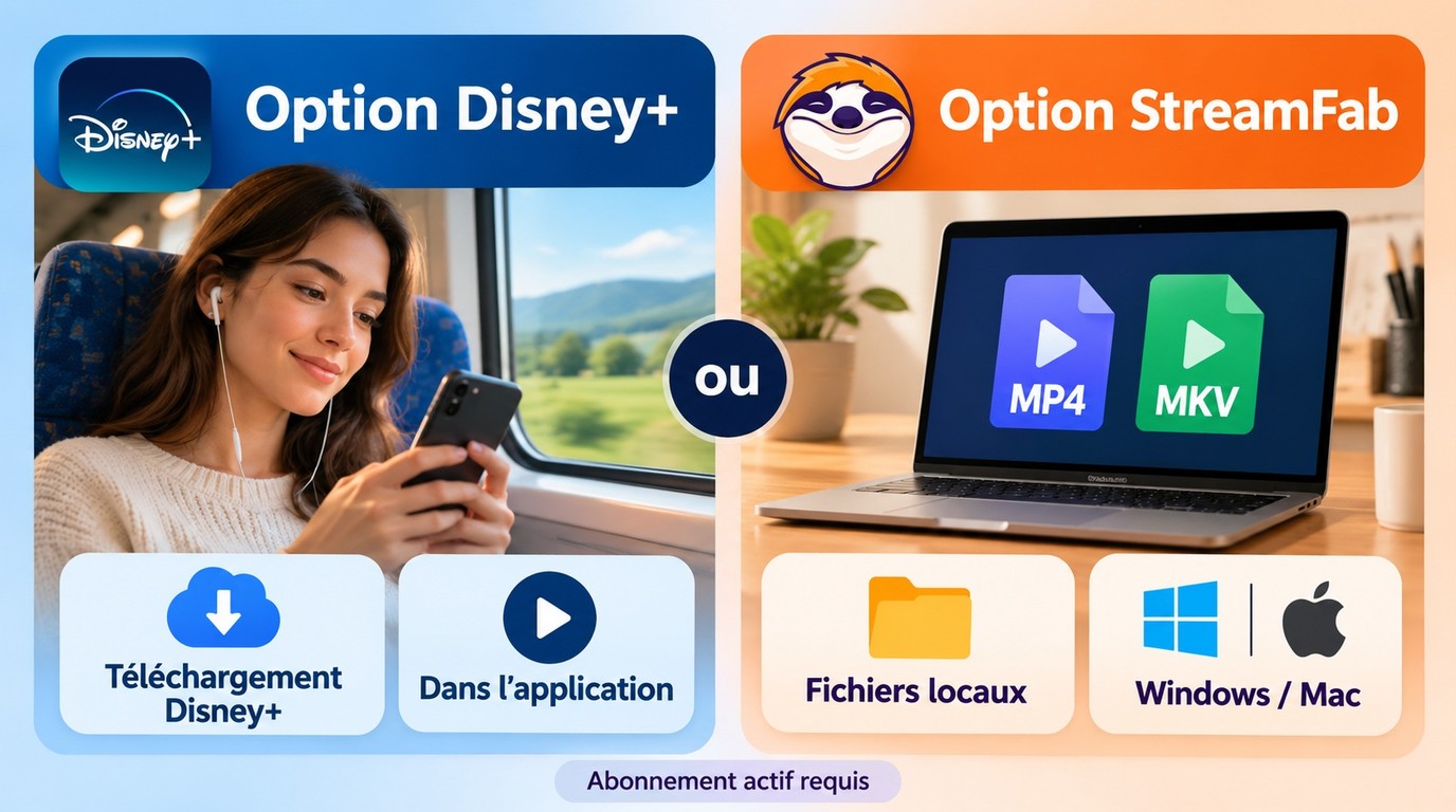 Choix entre Disney+ sur téléphone et StreamFab pour des fichiers MP4 ou MKV sur ordinateur.