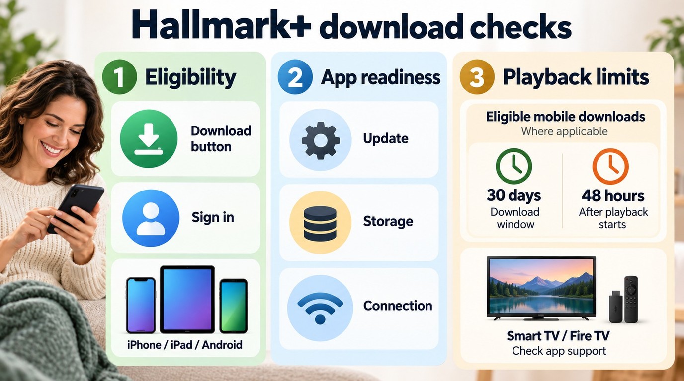 Hallmark+ download checks for eligibility, storage, sign-in, connection, expiry, and TV support