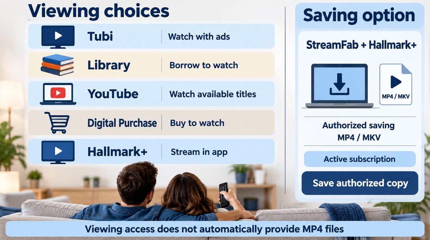 Tubi, libraries, YouTube, digital purchase, and Hallmark+ routes matched to viewing needs