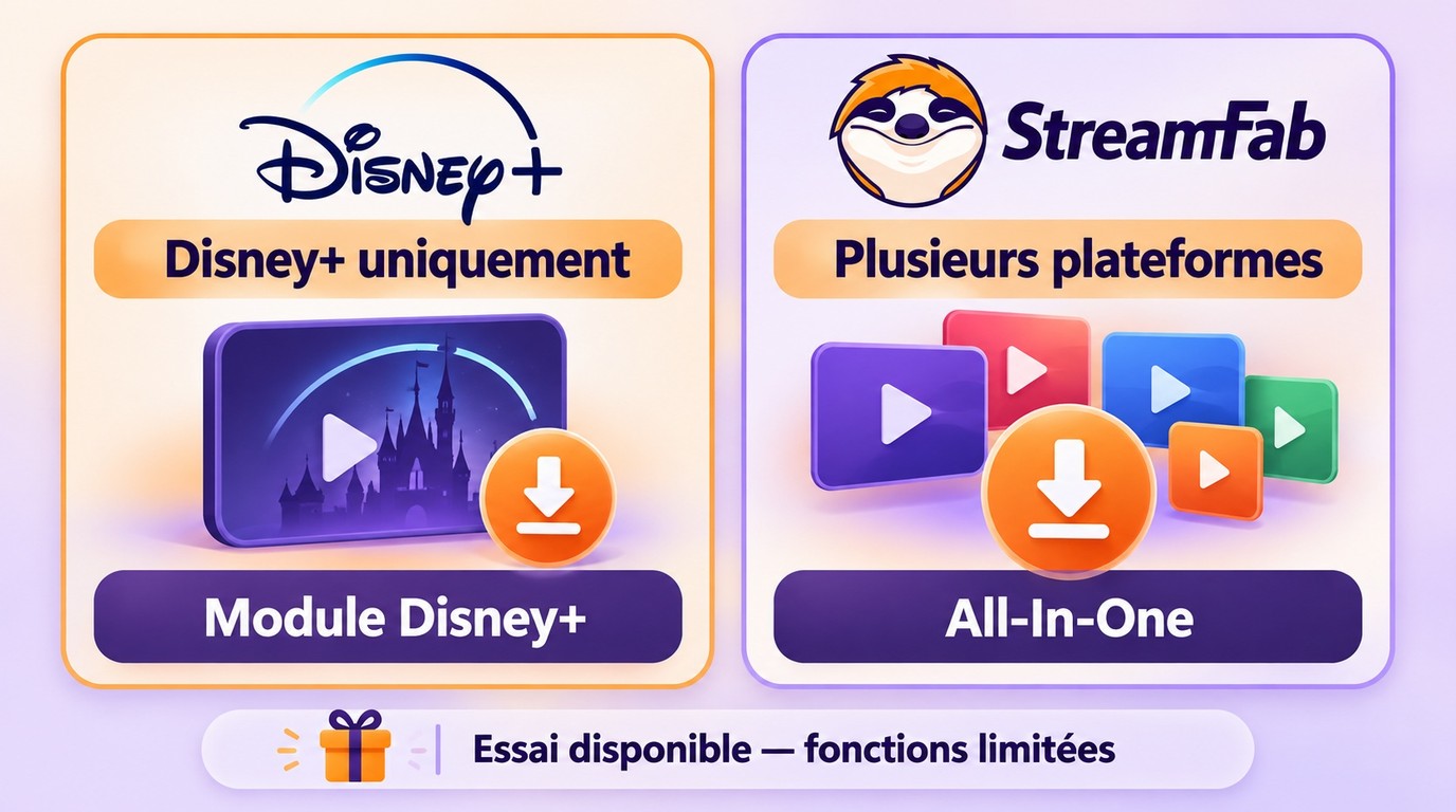 Choix entre le module StreamFab Disney+ et All-In-One selon les plateformes utilisées.