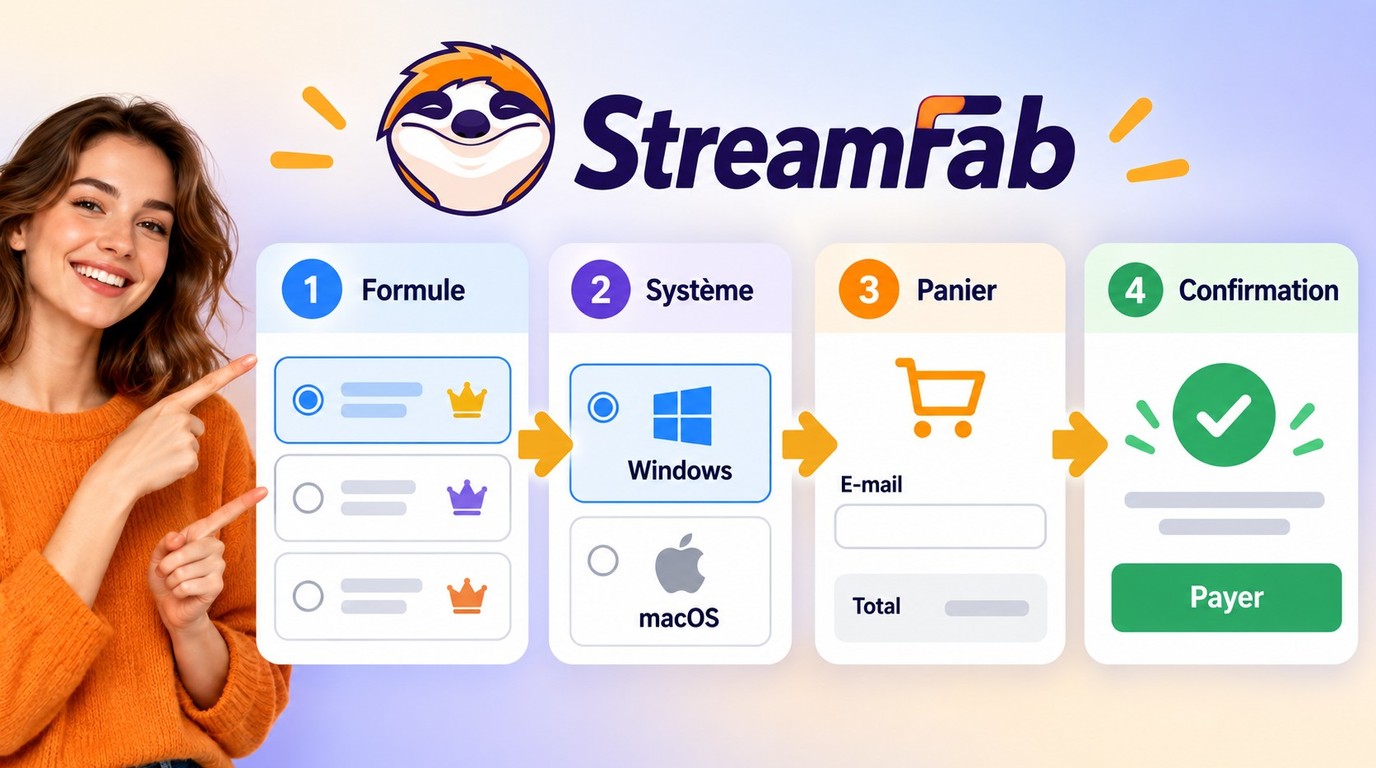 Parcours d'achat StreamFab, de la formule à la confirmation avec la même adresse e-mail