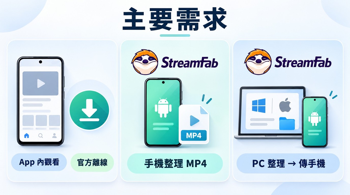 官方離線、StreamFab for Android 與 PC 版依檔案需求分流