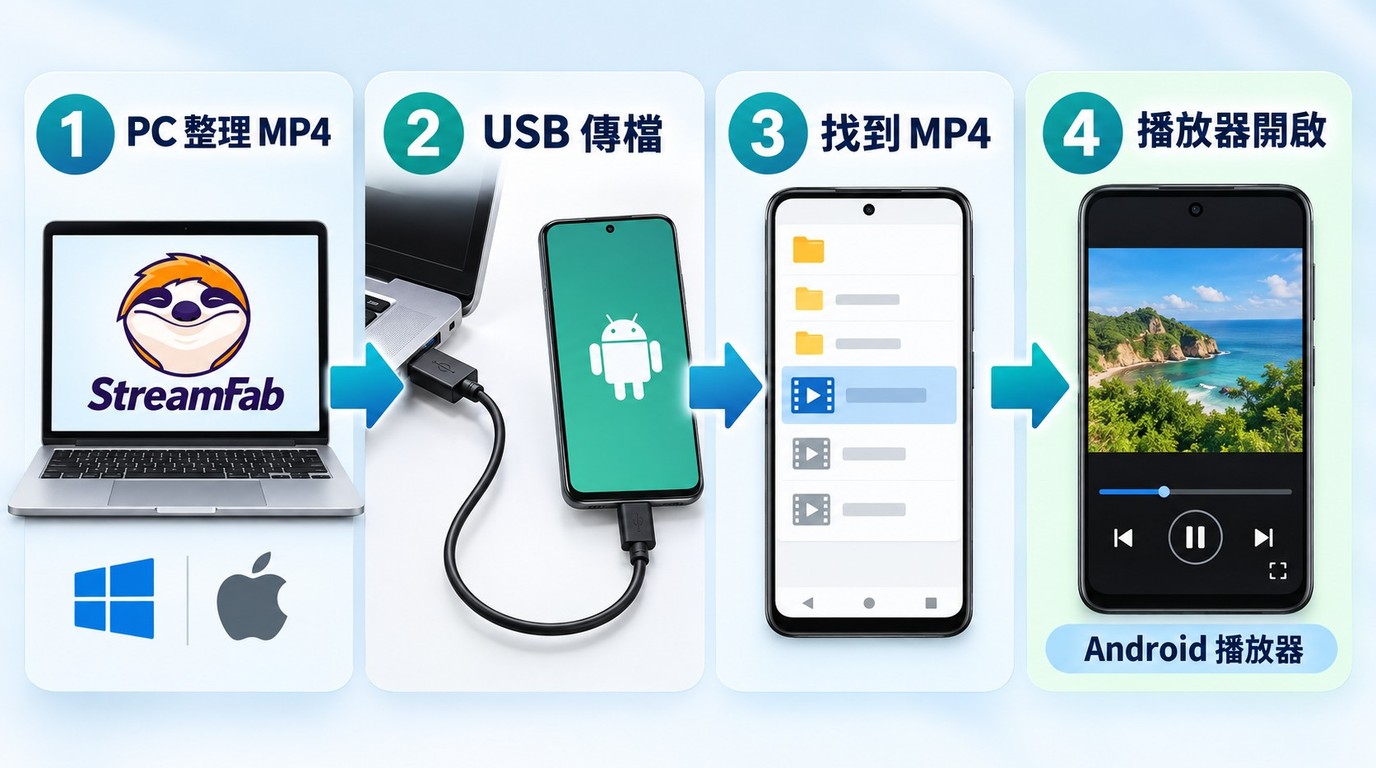 PC 版 StreamFab 整理 MP4 後，以 USB 傳到 Android 播放