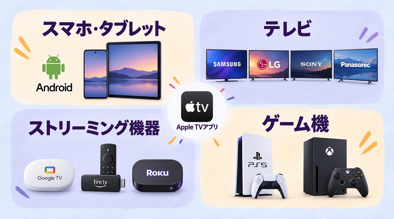 Apple TVに対応するAndroid、Google TV、Fire TV、Roku、PS5、Xboxなどの機器
