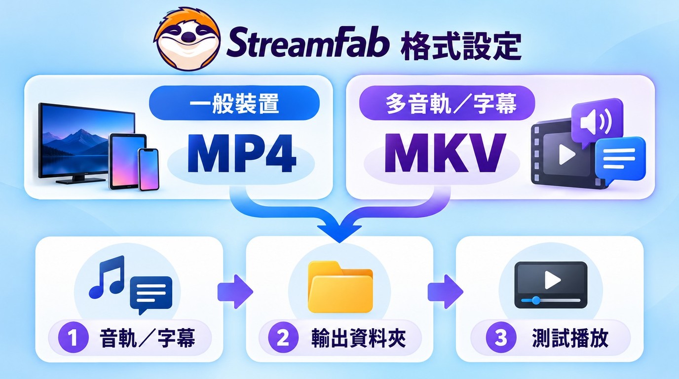 StreamFab的MP4與MKV選擇方式,以及字幕、音軌、資料夾與播放確認流程