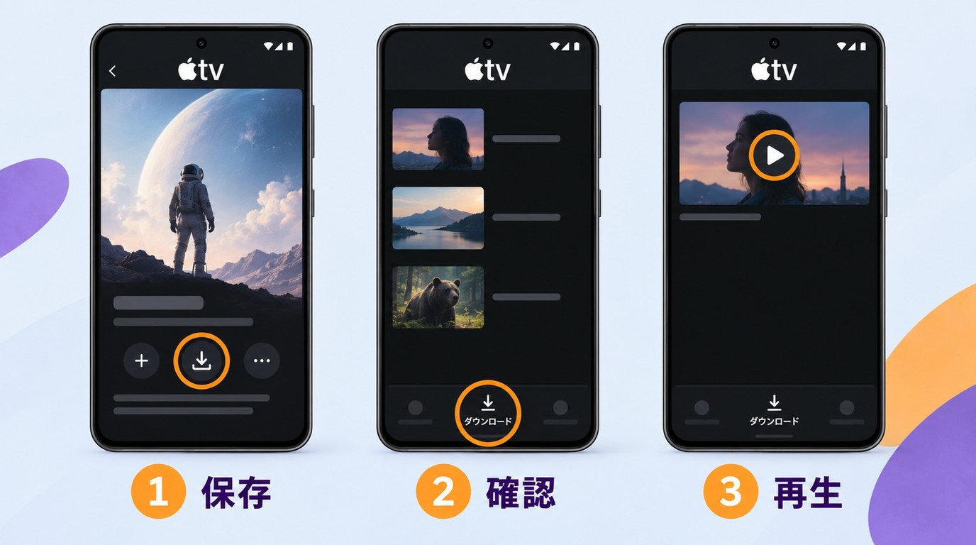 Android版Apple TVアプリで作品を保存し、ダウンロードタブから再生する手順