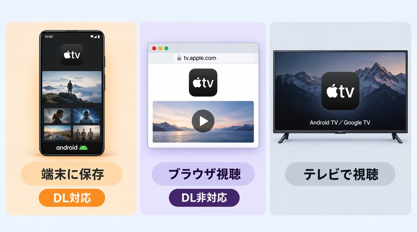 AndroidでApple TVを見る方法を、保存、ブラウザ、大画面の用途別に示す選び方