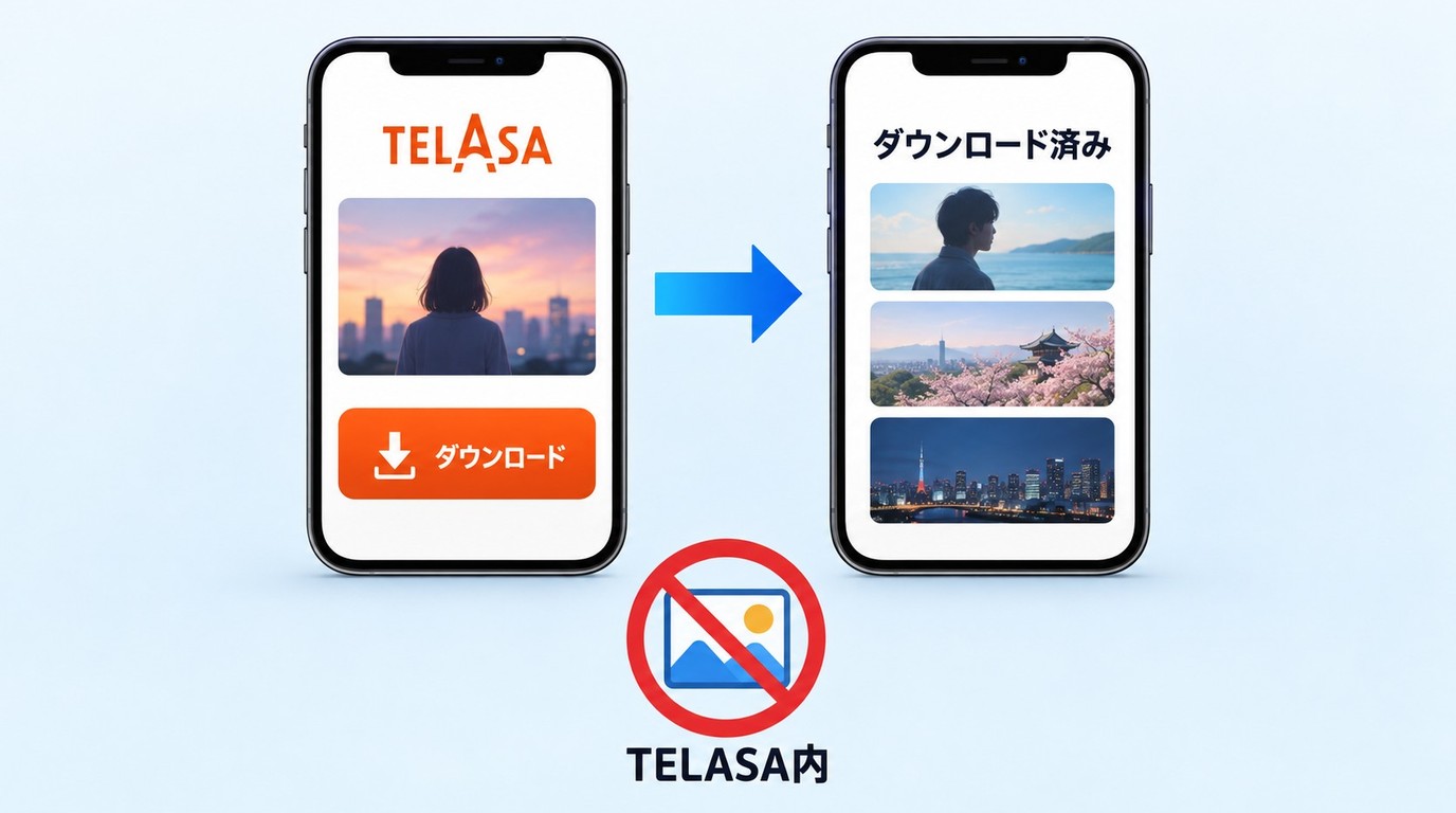 iPhoneのTELASA作品ページからアプリ内へダウンロードする操作