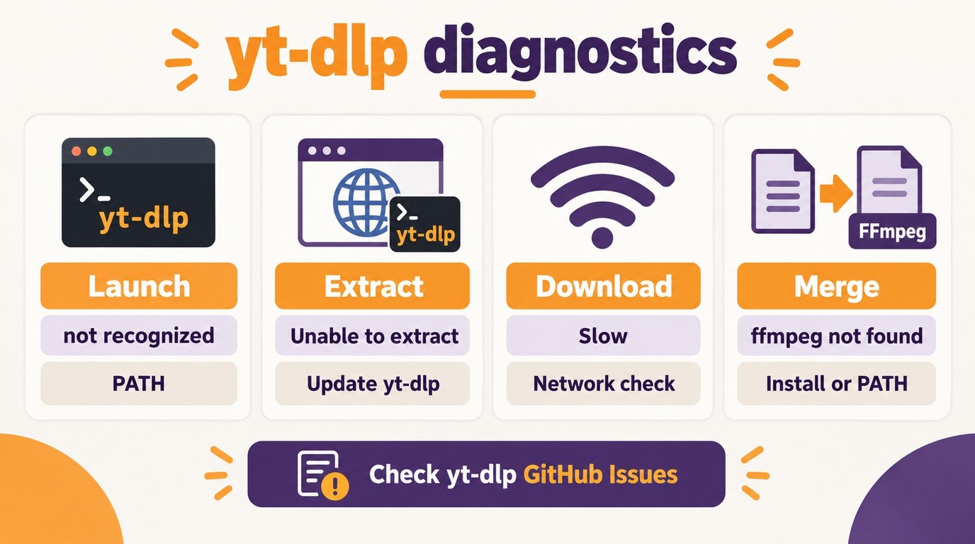Troubleshooting yt-dlp by checking launch, extraction, download, and FFmpeg merge stages.