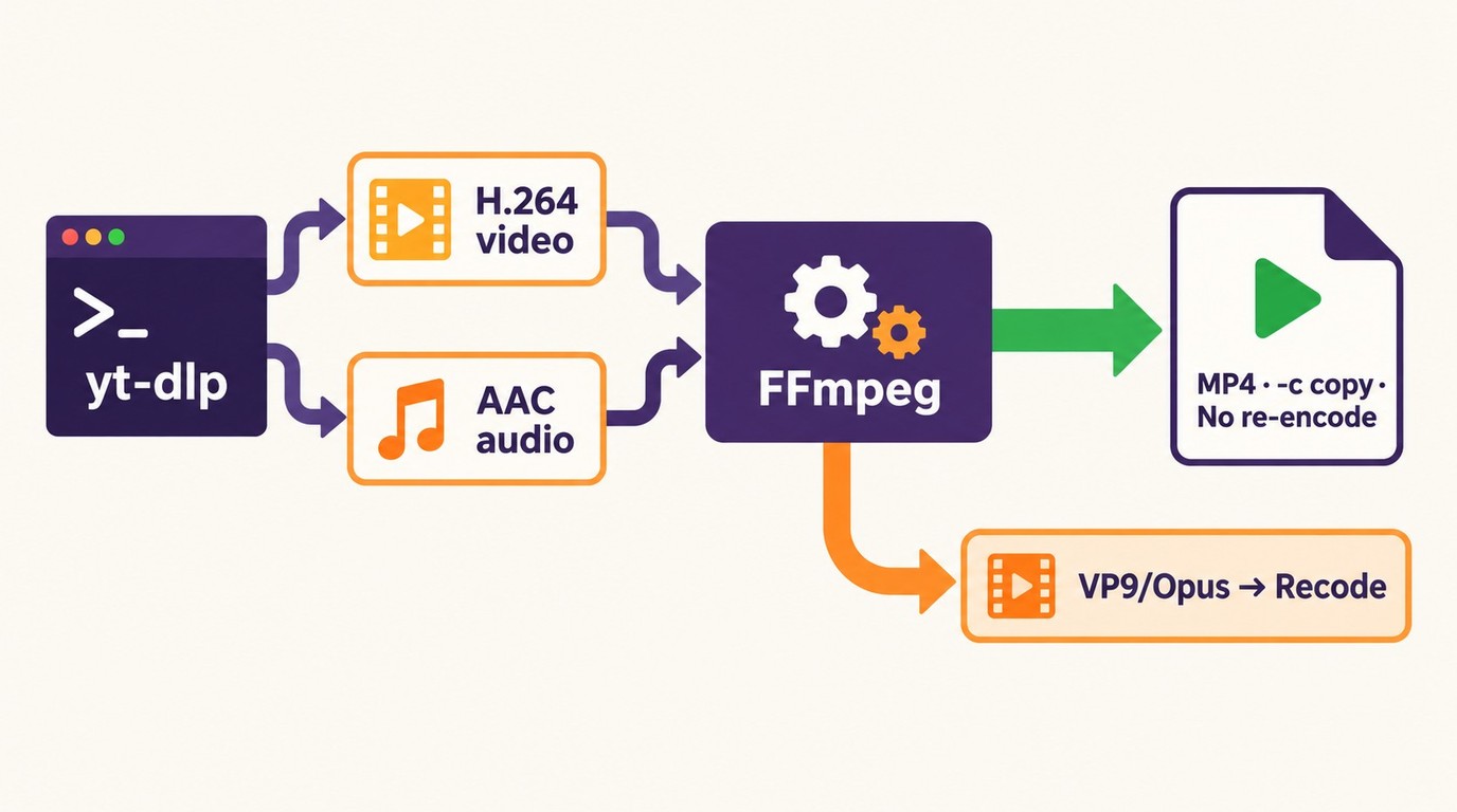 How yt-dlp and FFmpeg merge separate video and audio streams into MP4.