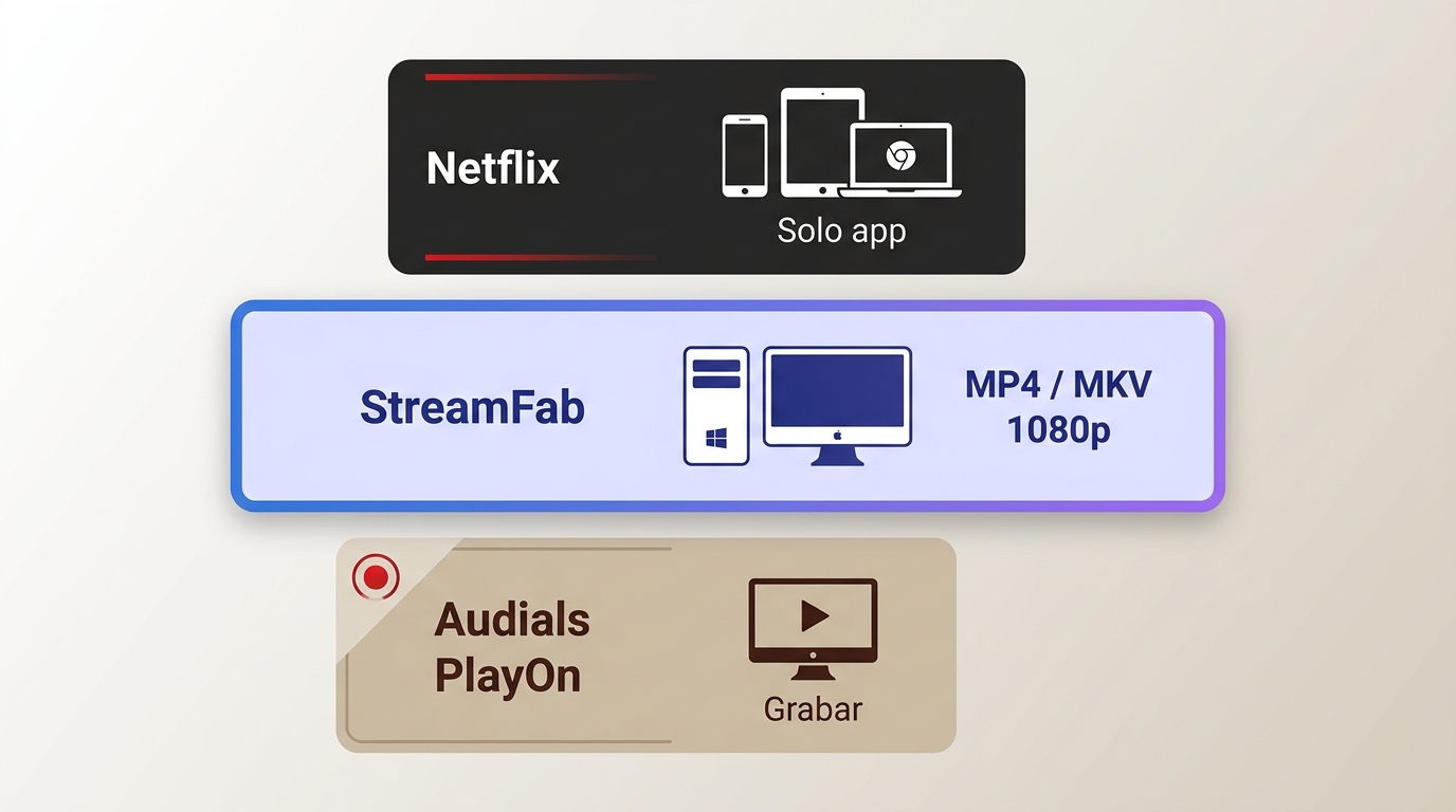 Comparación entre descarga oficial de Netflix, StreamFab y grabación con Audials o PlayOn.