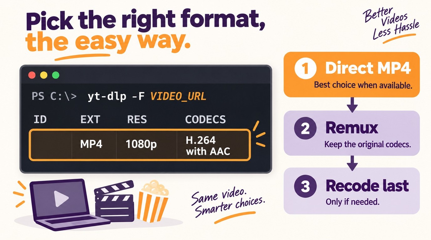 How yt-dlp -F output guides MP4 format selection by container and codec.