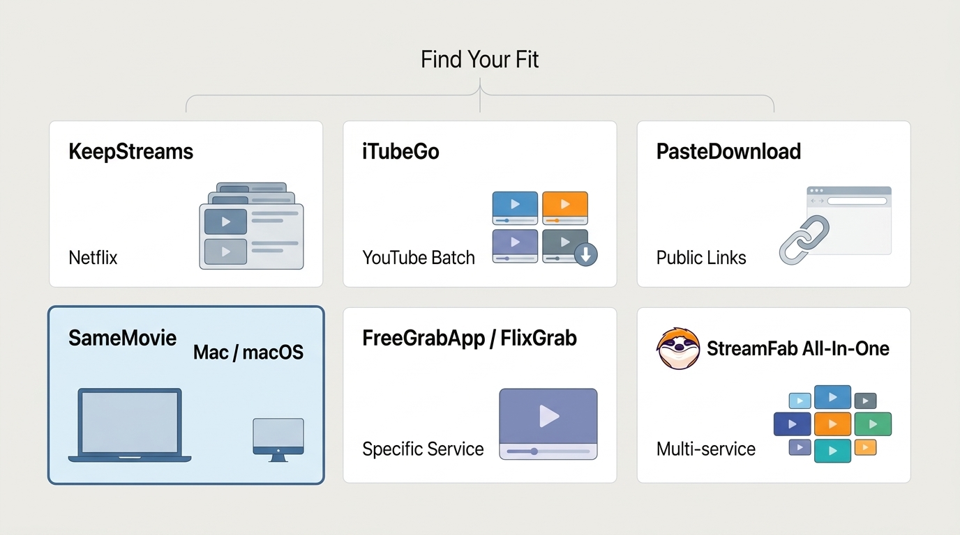 Which downloader fits Netflix, public video links, Mac, or multi-service use