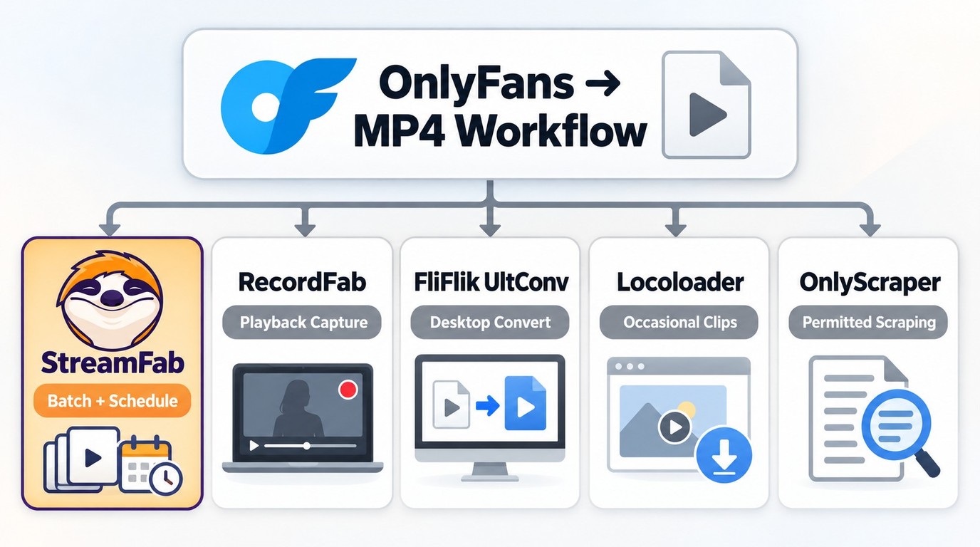 Choose StreamFab, RecordFab, FliFlik UltConv, Locoloader, or OnlyScraper by workflow